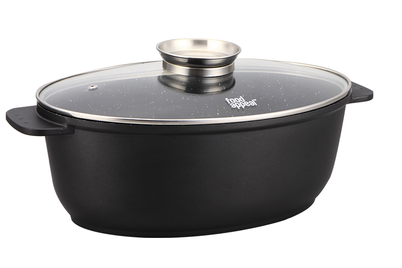 42*32*13.8cm Oval Roaster with Aromatic Lid BLACK MARBLE by FOOD APPEAL